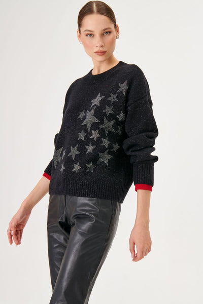 CUFF DETAIL STAR PATTERNED WOOL BLACK KNIT SWEATER