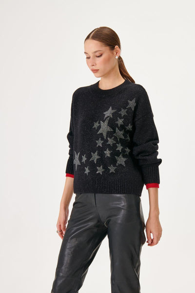 CUFF DETAIL STAR PATTERNED WOOL BLACK KNIT SWEATER