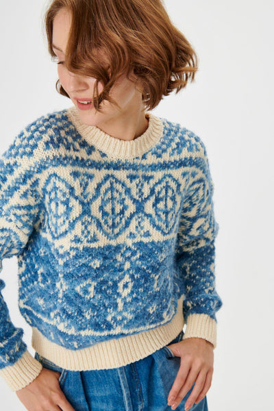 CREW NECK PATTERNED BLUE SWEATER