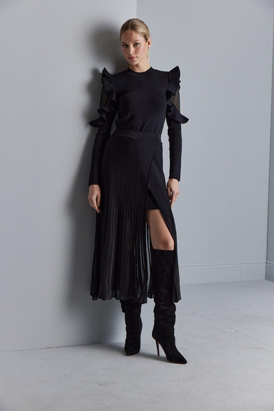 WRAP-STYLE TRANSPARENT MIDI BLACK KNIT SKIRT