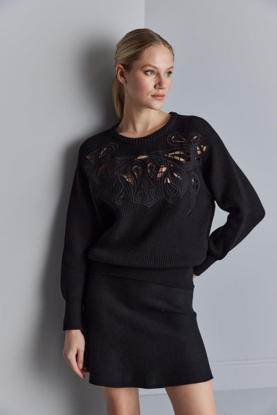 EMBROIDERED CUTOUT BLACK KNIT SWEATER