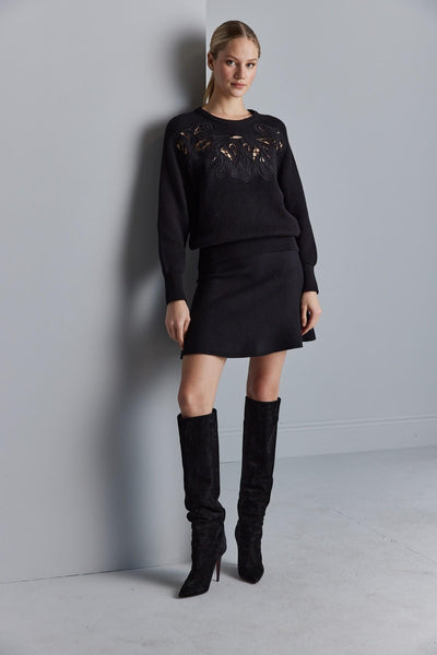 EMBROIDERED CUTOUT BLACK KNIT SWEATER