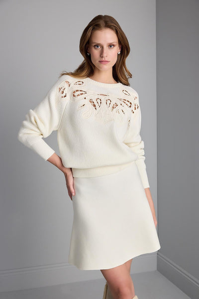 EMBROIDERED CUTOUT ECRU KNIT SWEATER