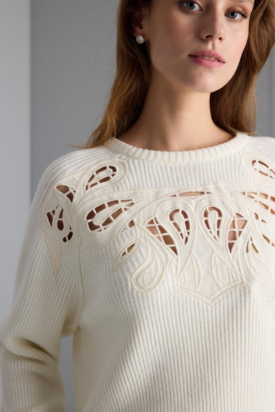 EMBROIDERED CUTOUT ECRU KNIT SWEATER