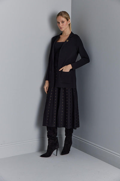 FRAMED GEM-EMBELLISHED BLACK MIDI KNIT SKIRT