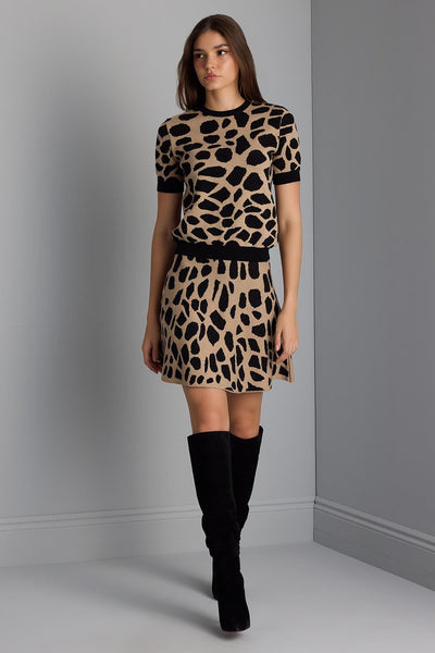 GIRAFFE PRINT BLACK MINI KNIT SKIRT