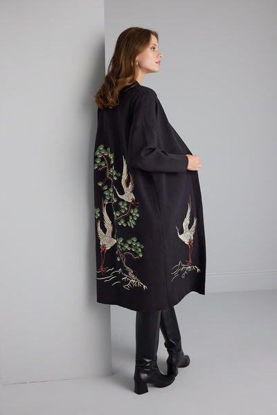 EMBROIDERED BLACK MAXI KNIT CARDIGAN