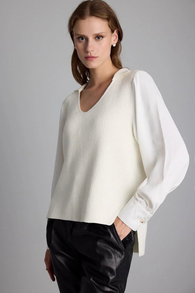 SATIN SLEEVE CREAM KNIT SWEATER